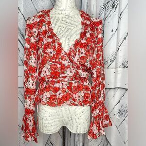 RIXO London Silk Floral Wrap Blouse Ruffle Trim Red M